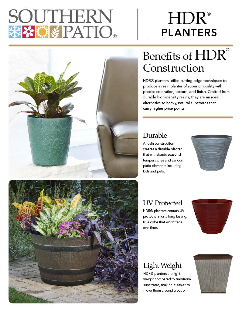 Chart shows benefits and features of high density resin planters